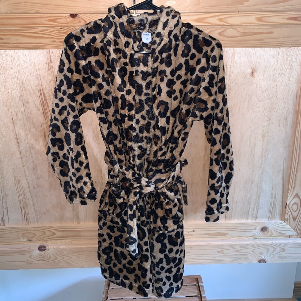 Arizona cheetah leopard printed hooded plush bath night house robe size L 14